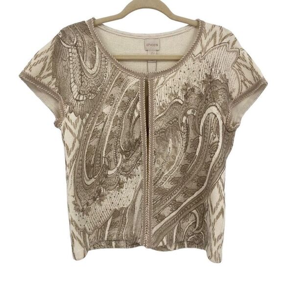 Chico's Short Sleeve Beaded Foil-Print Cardigan Sweater Gold & Ivory/Ecru Small - Picture 1 of 9